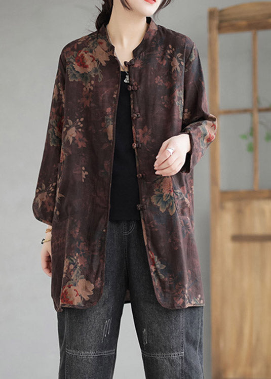 Vintage Coffee Stand Collar Print Button Linen Coat Long Sleeve LY2990 - fabuloryshop