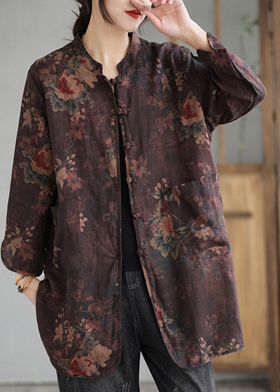 Vintage Coffee Stand Collar Print Button Linen Coat Long Sleeve LY2990 - fabuloryshop