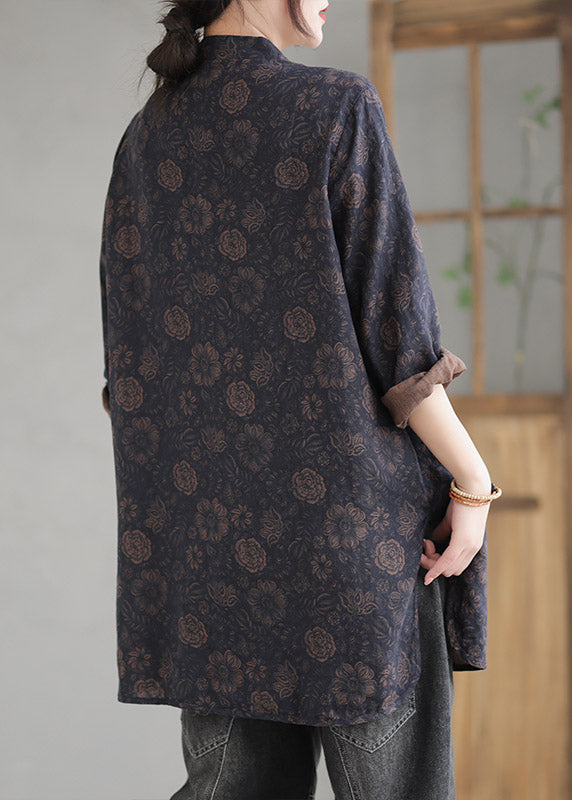 Vintage Coffee Stand Collar Print Button Linen Coat Long Sleeve LY2990 - fabuloryshop