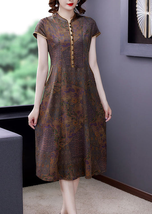 Vintage Coffee Stand Collar Print Button Patchwork Silk Dress Summer LY6665 - fabuloryshop