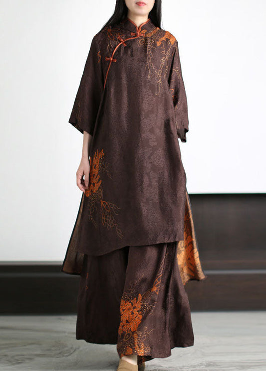 Vintage Coffee Stand Collar Print Tops And Pants Silk Two-Piece Set Summer LY5177 - fabuloryshop