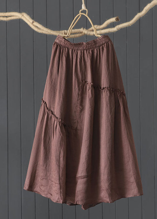 Vintage Coffee Wrinkled Elastic Waist Patchwork Linen Skirt Summer Ada Fashion