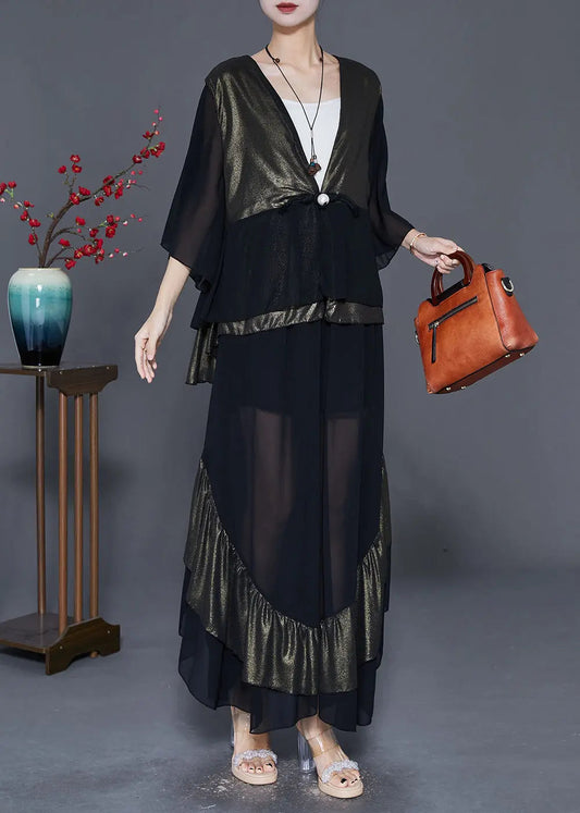 Vintage Colorblock Chinese Button Patchwork Ruffles Chiffon Two Pieces Set Fall Ada Fashion