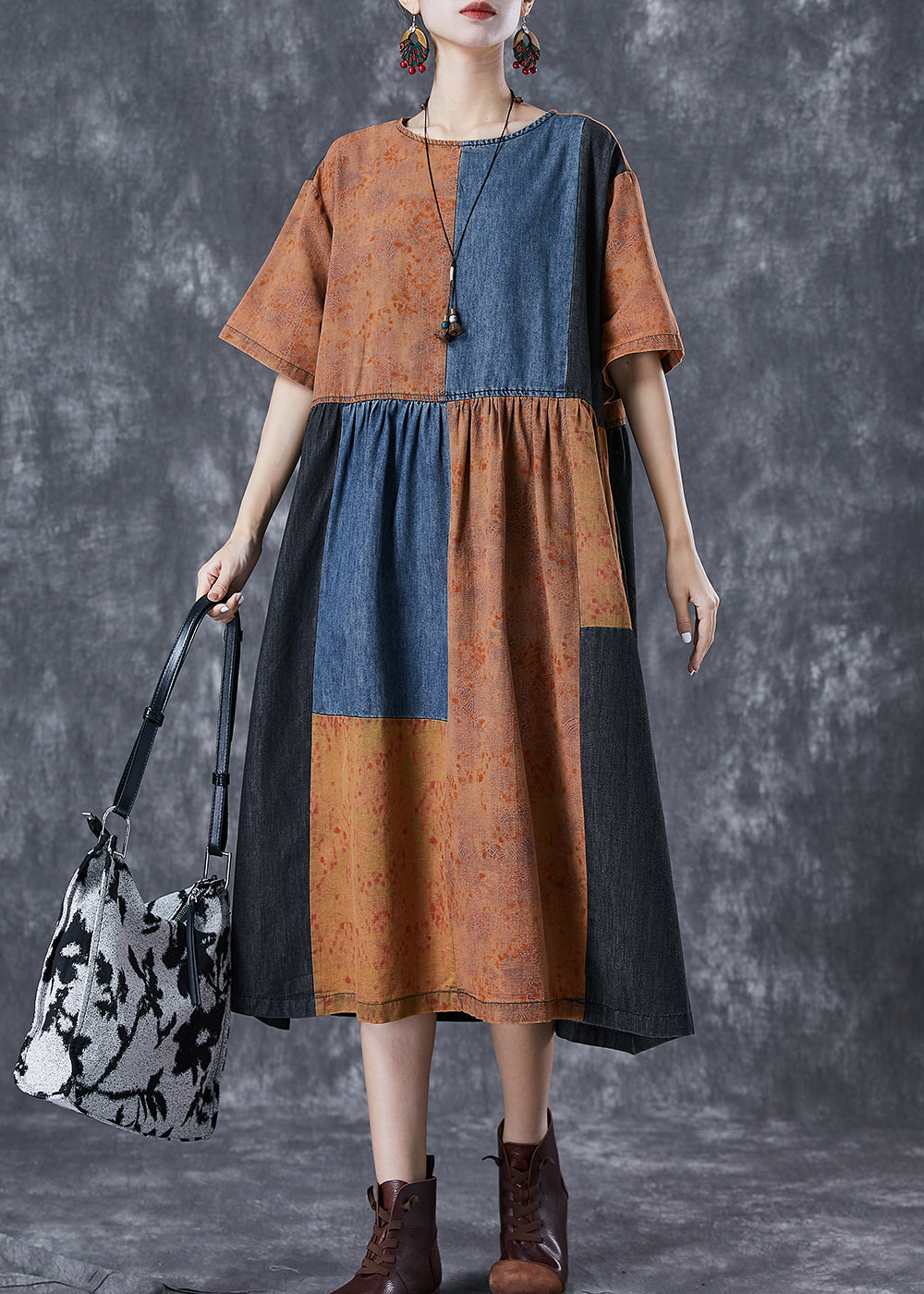 Vintage Colorblock Oversized Denim Patchwork Cotton Dress Summer TD1059