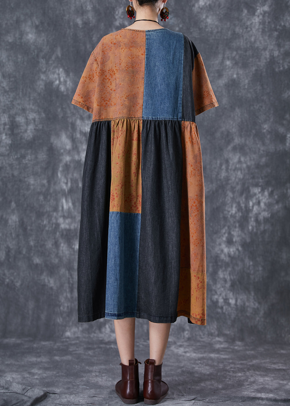 Vintage Colorblock Oversized Denim Patchwork Cotton Dress Summer TD1059