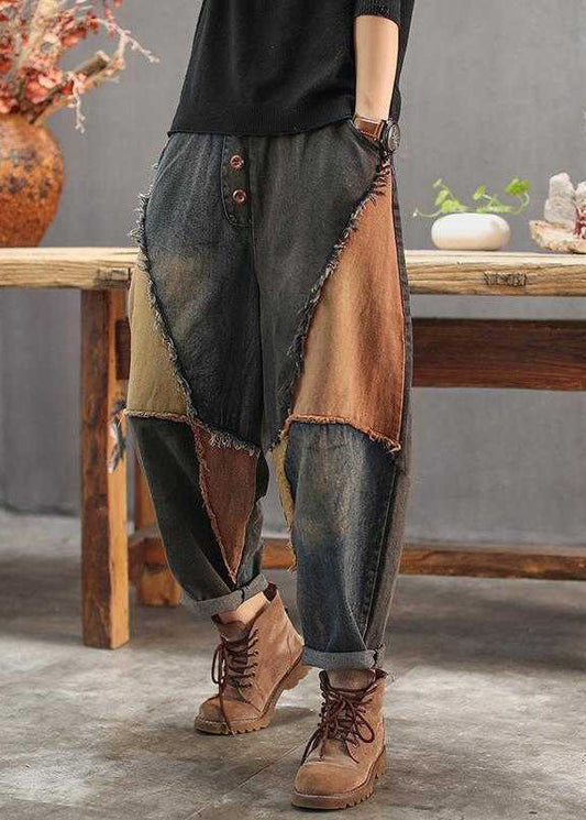 Vintage Colorblock Patchwork Elastic Waist Button Jeans TY1090 - fabuloryshop