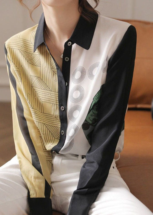 Vintage Colorblock Peter Pan Collar Button Print Silk Shirt Spring LY0401 - fabuloryshop