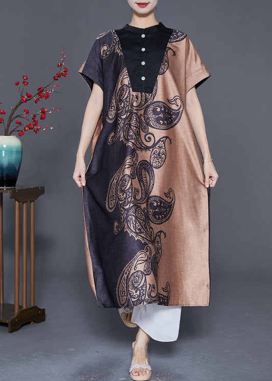 Vintage Colorblock Stand Collar Print Silk Long Dresses Summer LY5589 - fabuloryshop