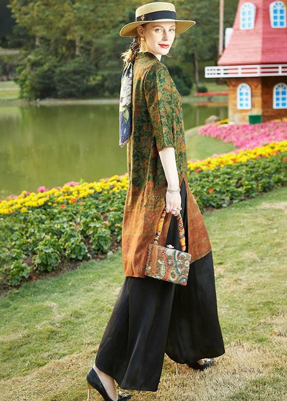 Vintage Colorblock Stand Collar Tops And Pants Silk Two Pieces Set Spring LC0216 - fabuloryshop