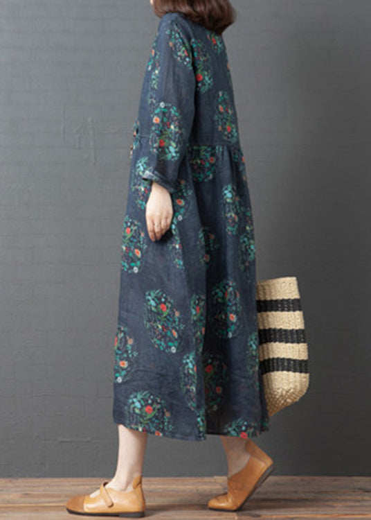 Vintage Dark Blue Print Linen Holiday Long Dress Spring LY2925