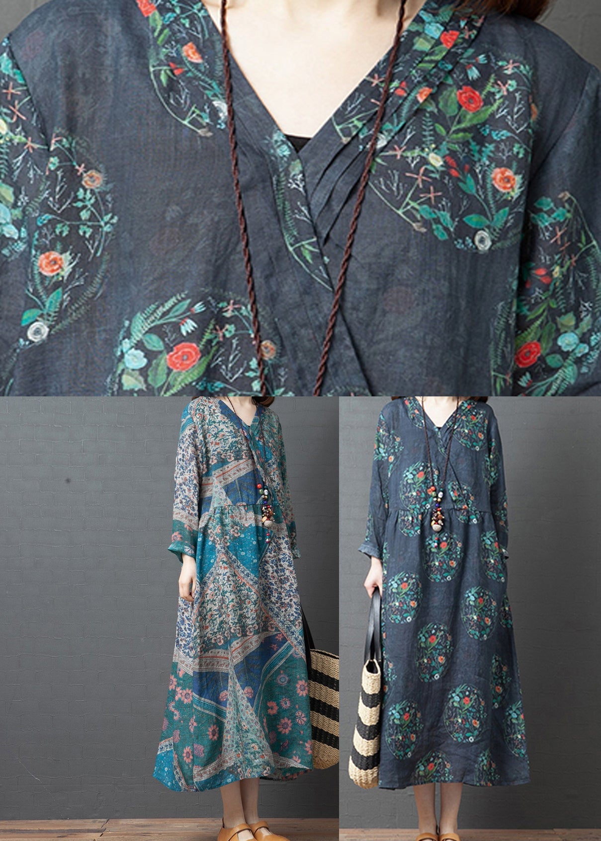 Vintage Dark Blue Print Linen Holiday Long Dress Spring LY2925