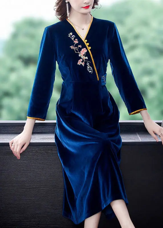 Vintage Dark Blue V Neck Embroidered Floral Silk Velour Holiday Dress Long Sleeve Ada Fashion