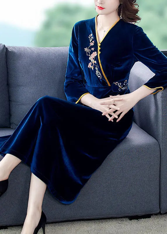 Vintage Dark Blue V Neck Embroidered Floral Silk Velour Holiday Dress Long Sleeve Ada Fashion