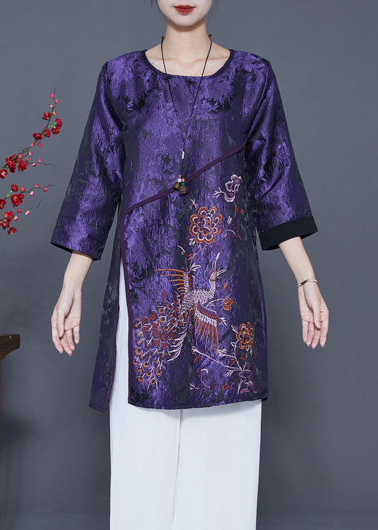 Vintage Dark Purple Embroideried Side Open Silk Shirts Bracelet Sleeve LY5369 - fabuloryshop