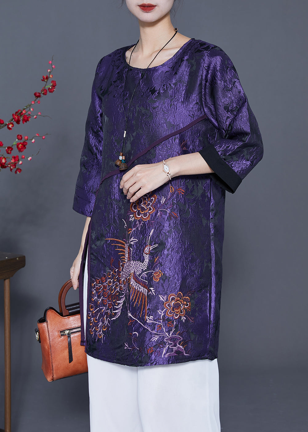 Vintage Dark Purple Embroideried Side Open Silk Shirts Bracelet Sleeve LY5369 - fabuloryshop