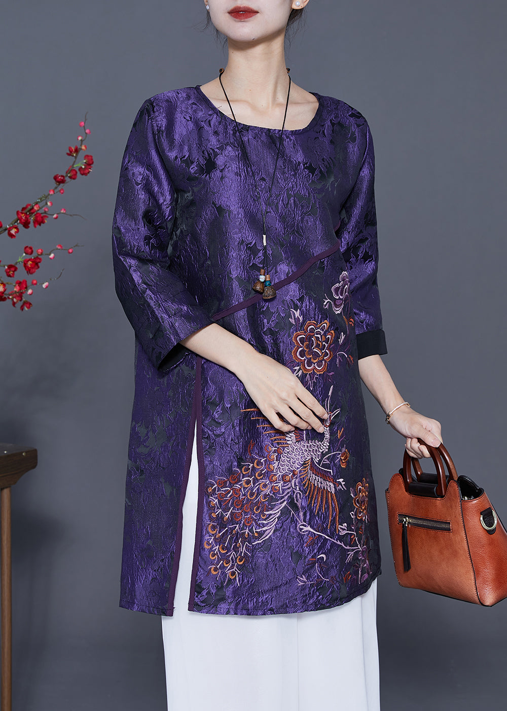 Vintage Dark Purple Embroideried Side Open Silk Shirts Bracelet Sleeve LY5369 - fabuloryshop