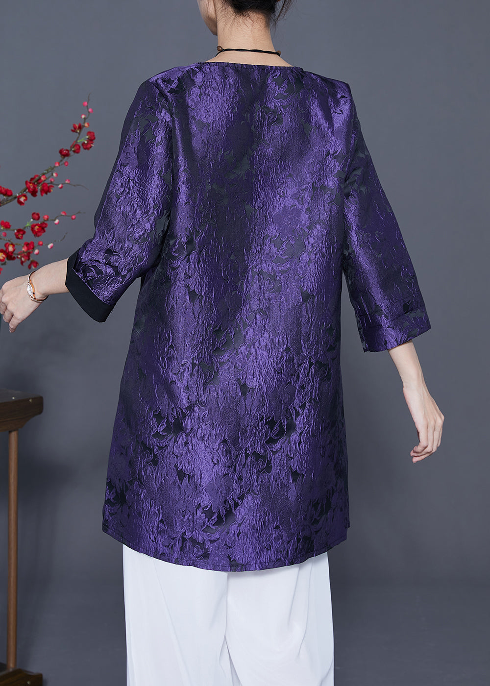 Vintage Dark Purple Embroideried Side Open Silk Shirts Bracelet Sleeve LY5369 - fabuloryshop