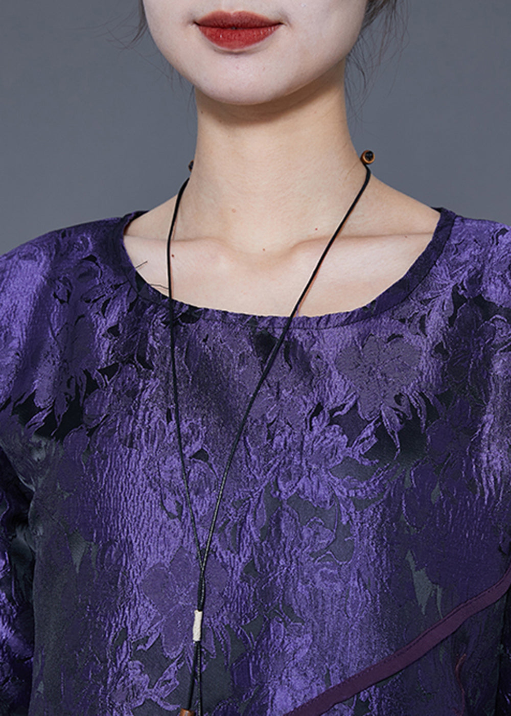 Vintage Dark Purple Embroideried Side Open Silk Shirts Bracelet Sleeve LY5369 - fabuloryshop