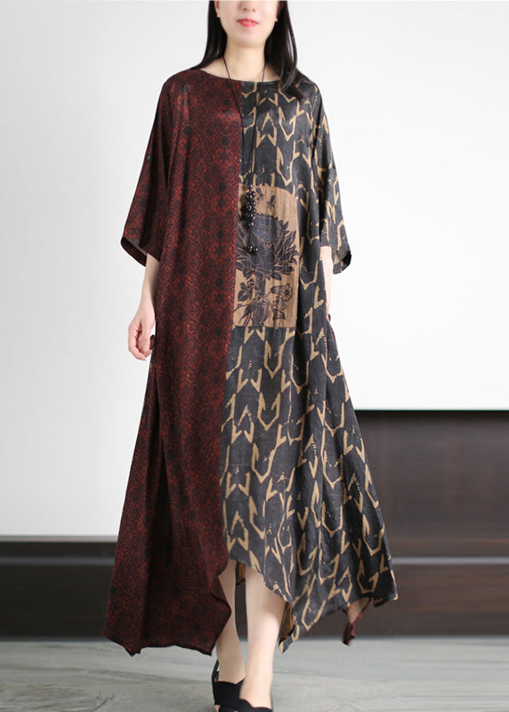 Vintage Dark Red O-Neck Asymmetrical Print Patchwork Silk Maxi Dress Half Sleeve LY5130 - fabuloryshop
