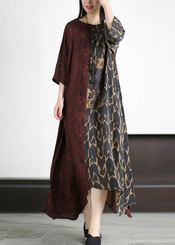 Vintage Dark Red O-Neck Asymmetrical Print Patchwork Silk Maxi Dress Half Sleeve LY5130 - fabuloryshop