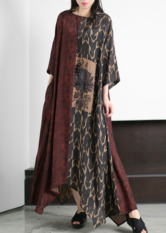 Vintage Dark Red O-Neck Asymmetrical Print Patchwork Silk Maxi Dress Half Sleeve LY5130 - fabuloryshop