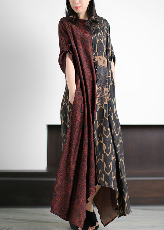 Vintage Dark Red O-Neck Asymmetrical Print Patchwork Silk Maxi Dress Half Sleeve LY5130 - fabuloryshop