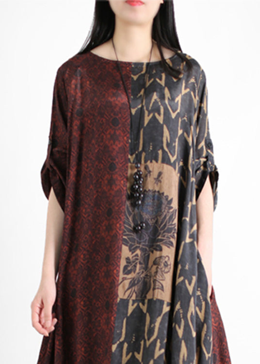 Vintage Dark Red O-Neck Asymmetrical Print Patchwork Silk Maxi Dress Half Sleeve LY5130 - fabuloryshop