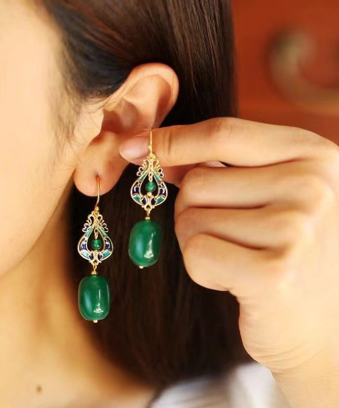Vintage Design Green Jade Silver Drop Earrings Ada Fashion