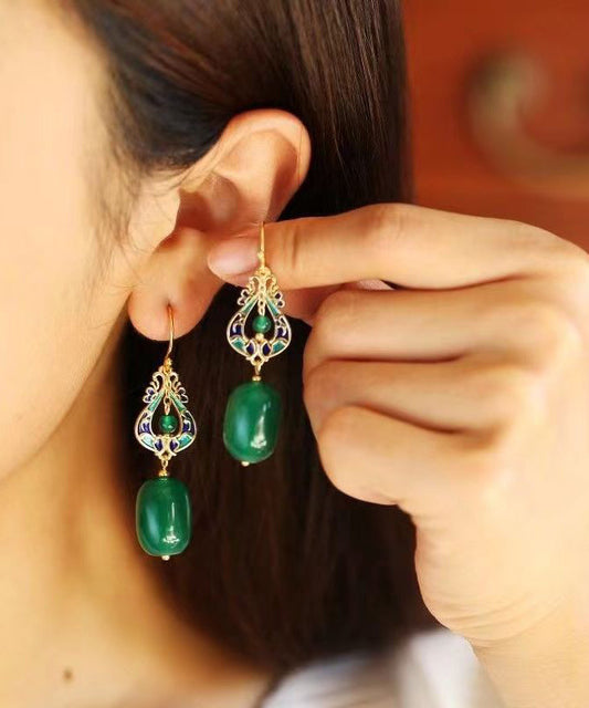 Vintage Design Green Jade Silver Drop Earrings Ada Fashion