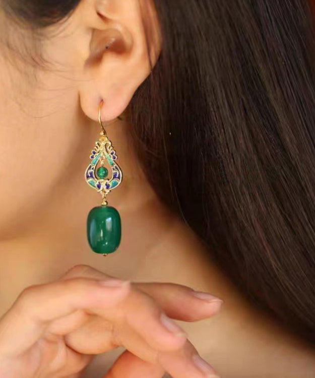 Vintage Design Green Jade Silver Drop Earrings Ada Fashion