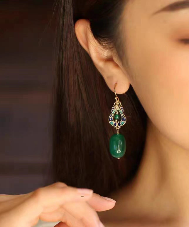 Vintage Design Green Jade Silver Drop Earrings Ada Fashion