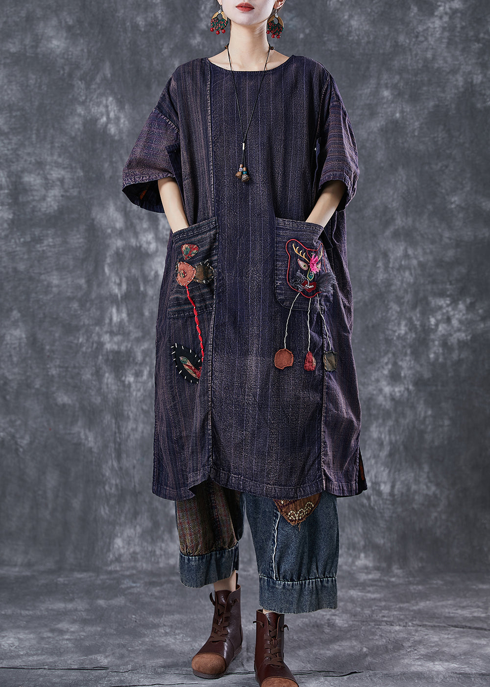 Vintage Embroideried Patchwork Applique Wear On Both Sides Cotton Dress Summer LY6674 - fabuloryshop