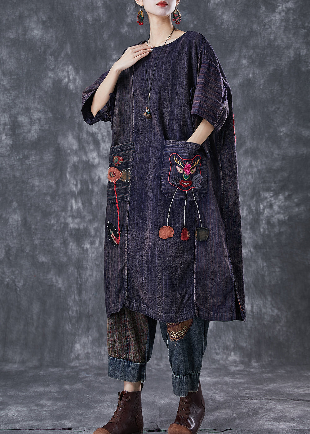 Vintage Embroideried Patchwork Applique Wear On Both Sides Cotton Dress Summer LY6674 - fabuloryshop