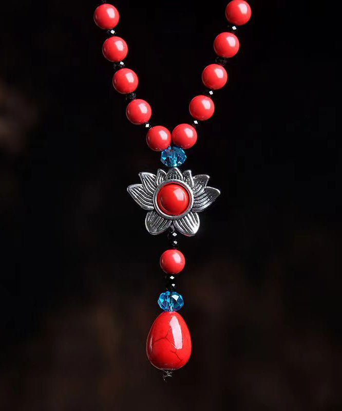 Vintage Floral Crystal Patchwork Red  Cinnabar Pendant Necklace Ada Fashion