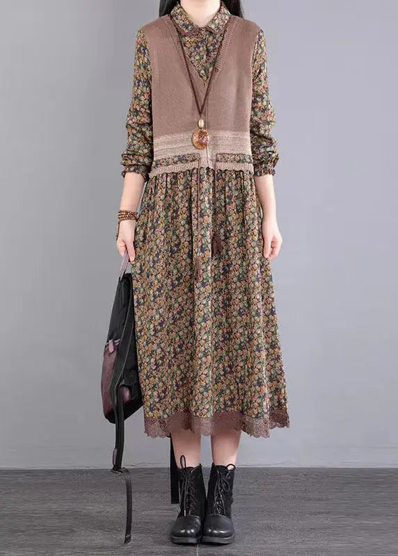 Vintage Flower Knitted Lace Drawstring Splice Fake Two Piece Dress Autumn Ada Fashion