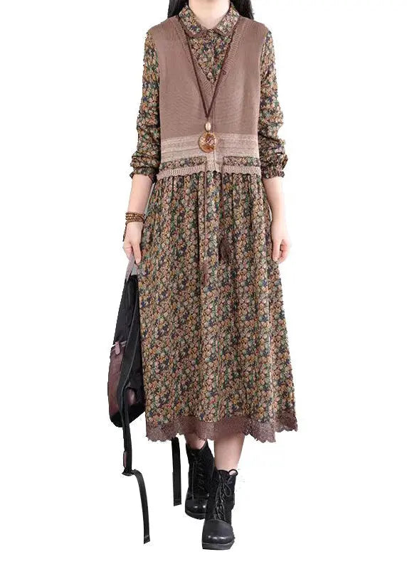 Vintage Flower Knitted Lace Drawstring Splice Fake Two Piece Dress Autumn Ada Fashion