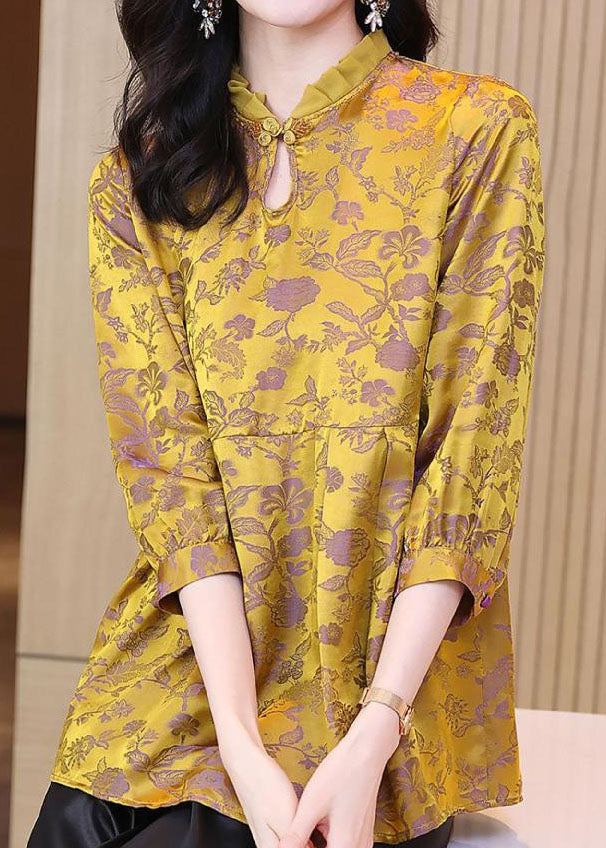 Vintage Gold Ruffled Patchwork Jacquard Silk Top Summer LC0278 - fabuloryshop