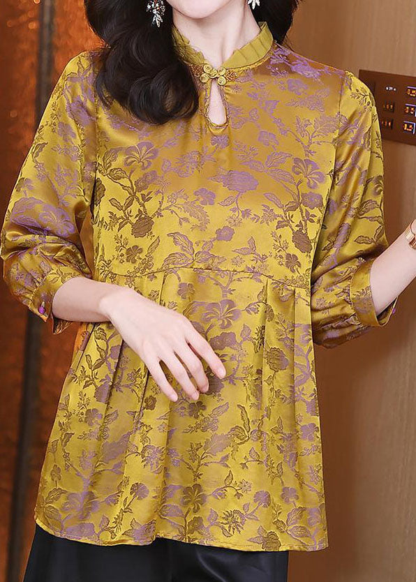 Vintage Gold Ruffled Patchwork Jacquard Silk Top Summer LC0278 - fabuloryshop