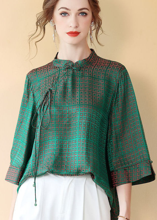 Vintage Green Chinese Button Jacquard Patchwork Silk Shirt Tops Summer LY4637 - fabuloryshop