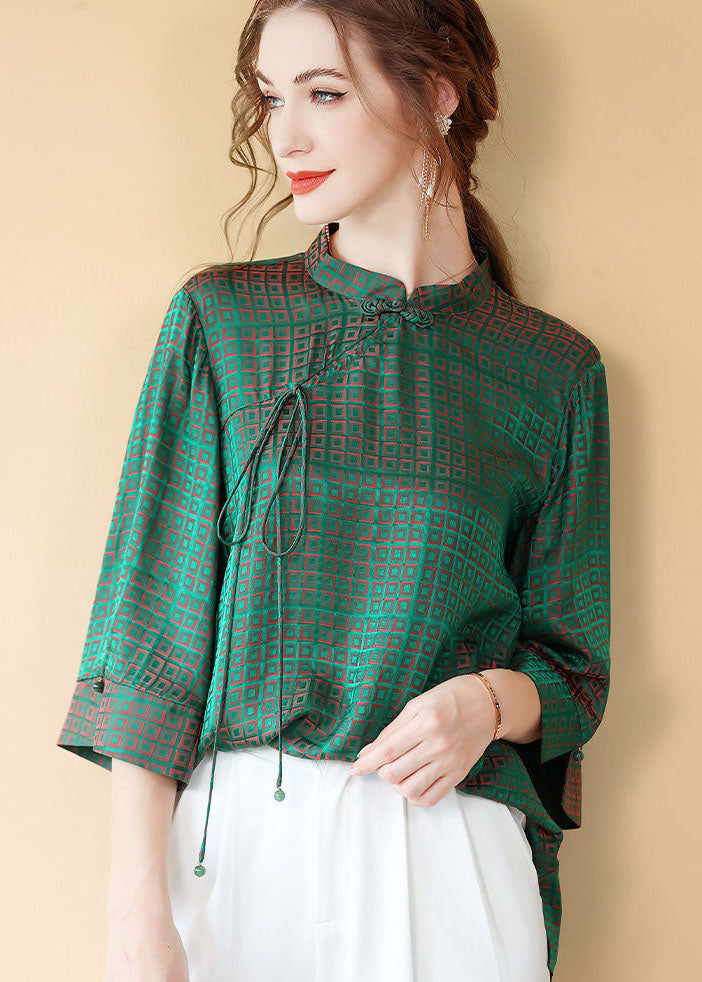 Vintage Green Chinese Button Jacquard Patchwork Silk Shirt Tops Summer LY4637 - fabuloryshop