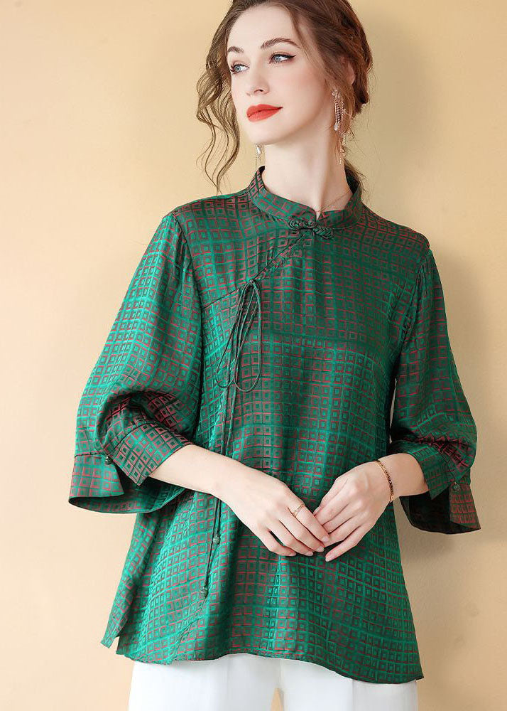 Vintage Green Chinese Button Jacquard Patchwork Silk Shirt Tops Summer LY4637 - fabuloryshop