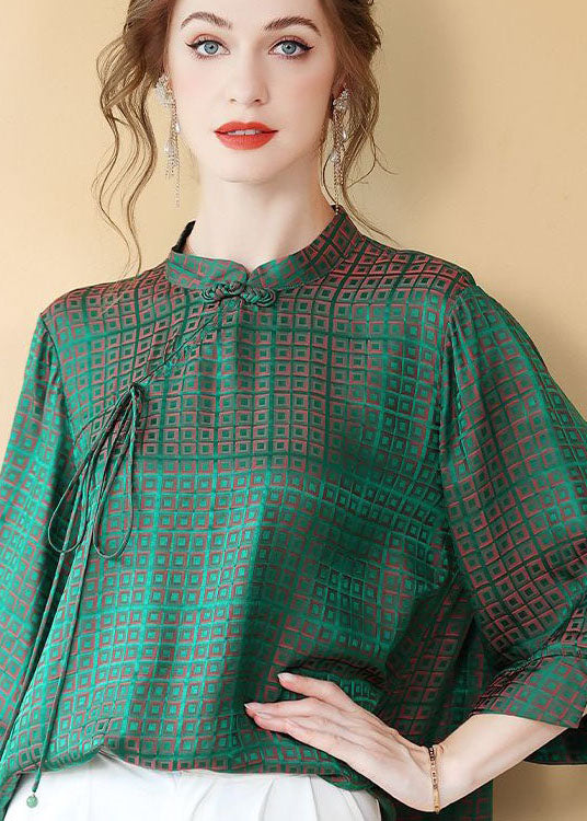 Vintage Green Chinese Button Jacquard Patchwork Silk Shirt Tops Summer LY4637 - fabuloryshop