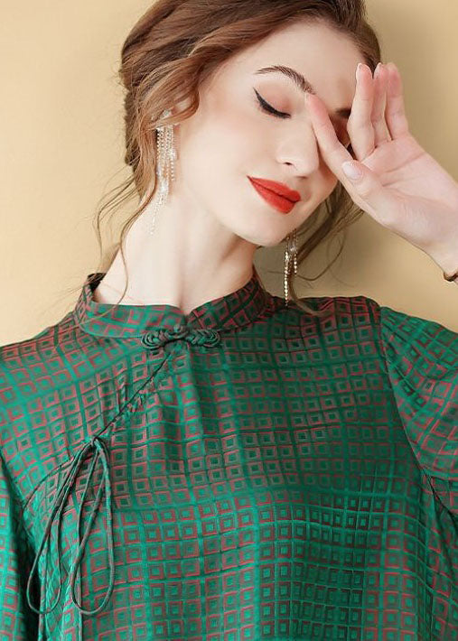 Vintage Green Chinese Button Jacquard Patchwork Silk Shirt Tops Summer LY4637 - fabuloryshop