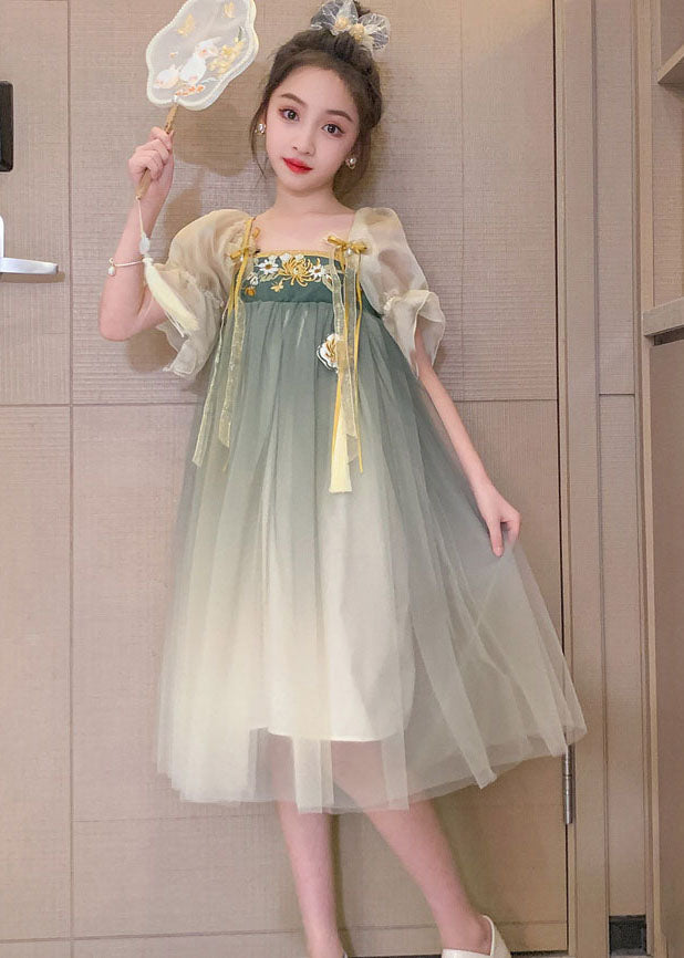 Vintage Green Gradient Embroideried Patchwork Tulle Baby Girls Dresses Summer Ada Fashion