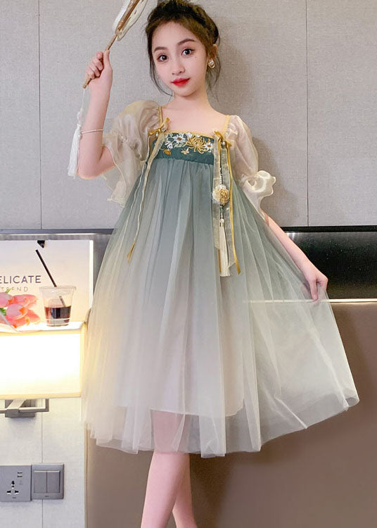 Vintage Green Gradient Embroideried Patchwork Tulle Baby Girls Dresses Summer Ada Fashion