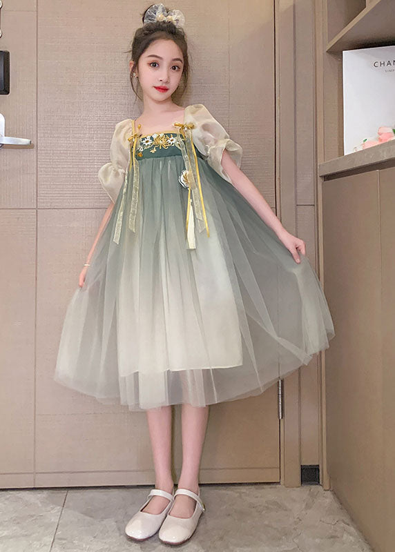 Vintage Green Gradient Embroideried Patchwork Tulle Baby Girls Dresses Summer Ada Fashion