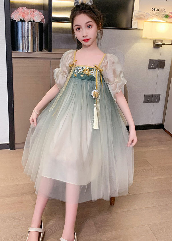 Vintage Green Gradient Embroideried Patchwork Tulle Baby Girls Dresses Summer Ada Fashion