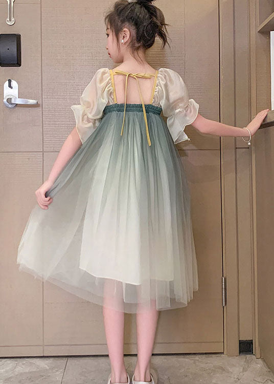 Vintage Green Gradient Embroideried Patchwork Tulle Baby Girls Dresses Summer Ada Fashion