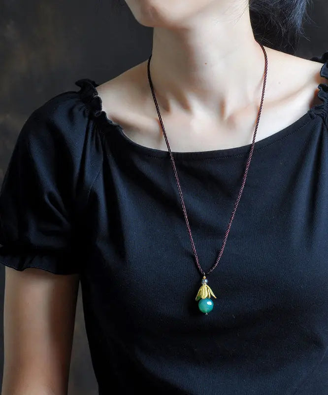 Vintage Green Hand Knitting Agate Golden Leaf Pendant Necklace Ada Fashion