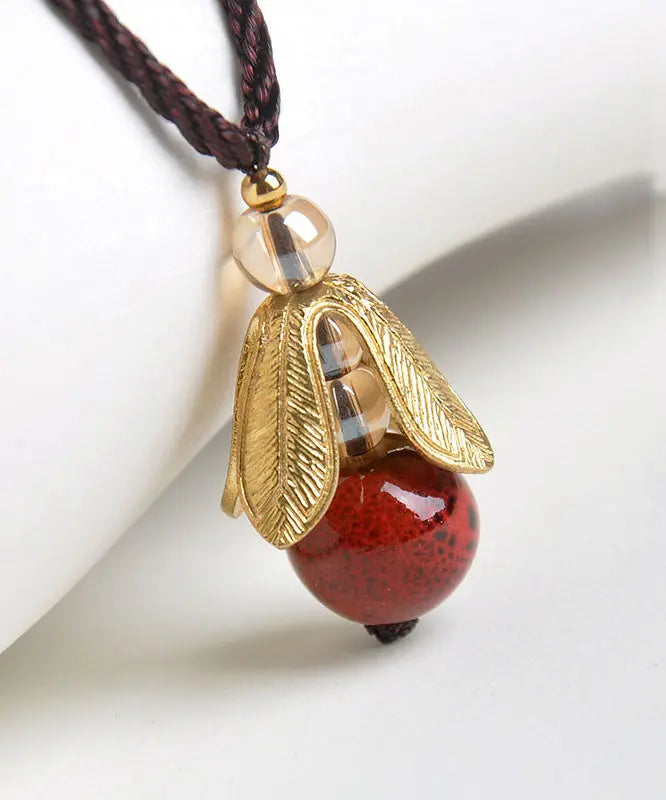 Vintage Green Hand Knitting Agate Golden Leaf Pendant Necklace Ada Fashion